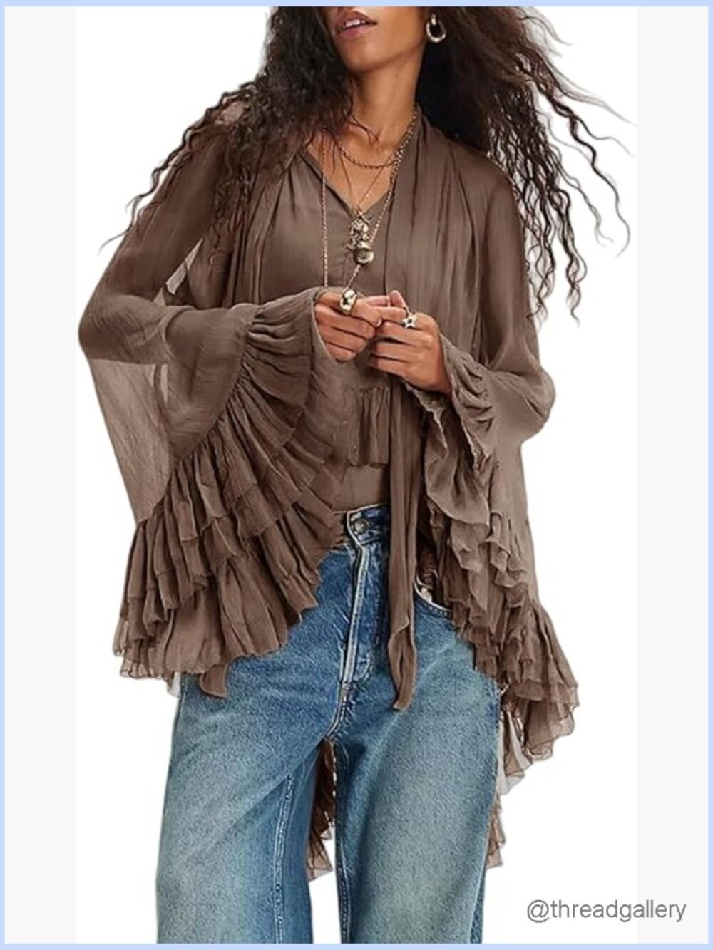 Sheer Chiffon Long Sleeve Ruffle Blouse Flowy Lantern Sleeve Tunic Top